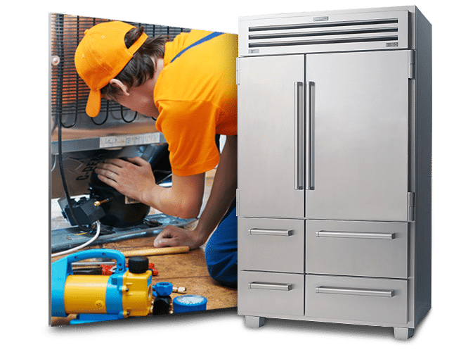 Technician fixing an Amana refrigerator