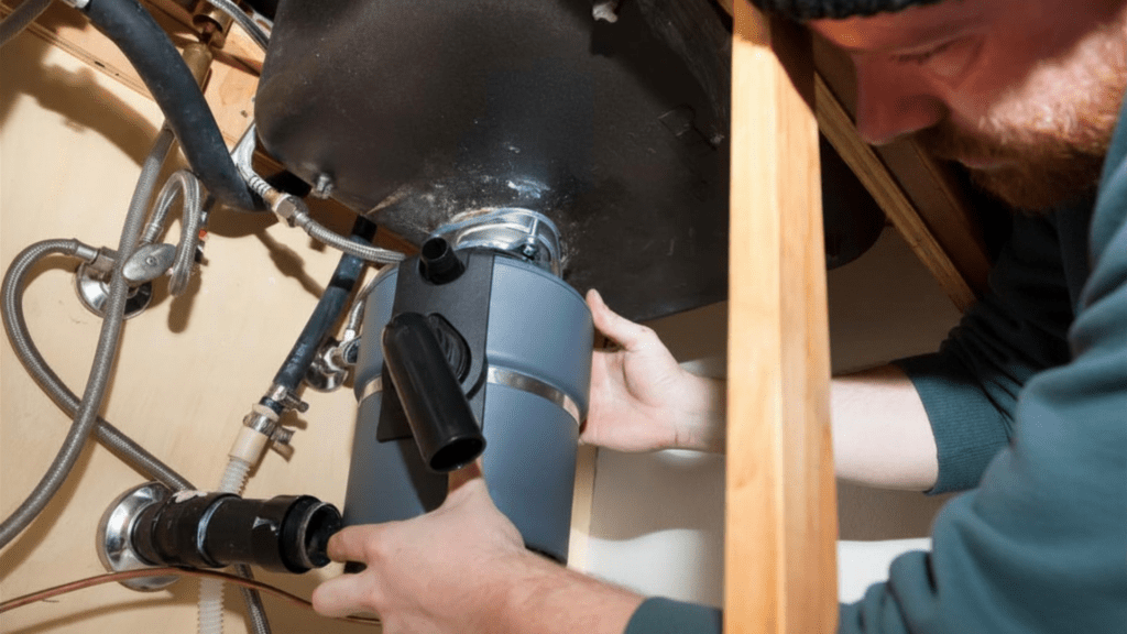 Technician installing a garbage disposal for appliance repair in Jessup MD