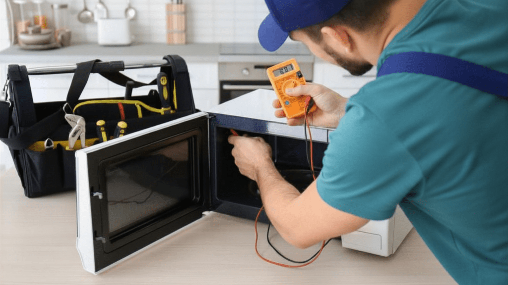 Technician repairing a microwave oven in a kitchen for appliance repair in Great Falls VA