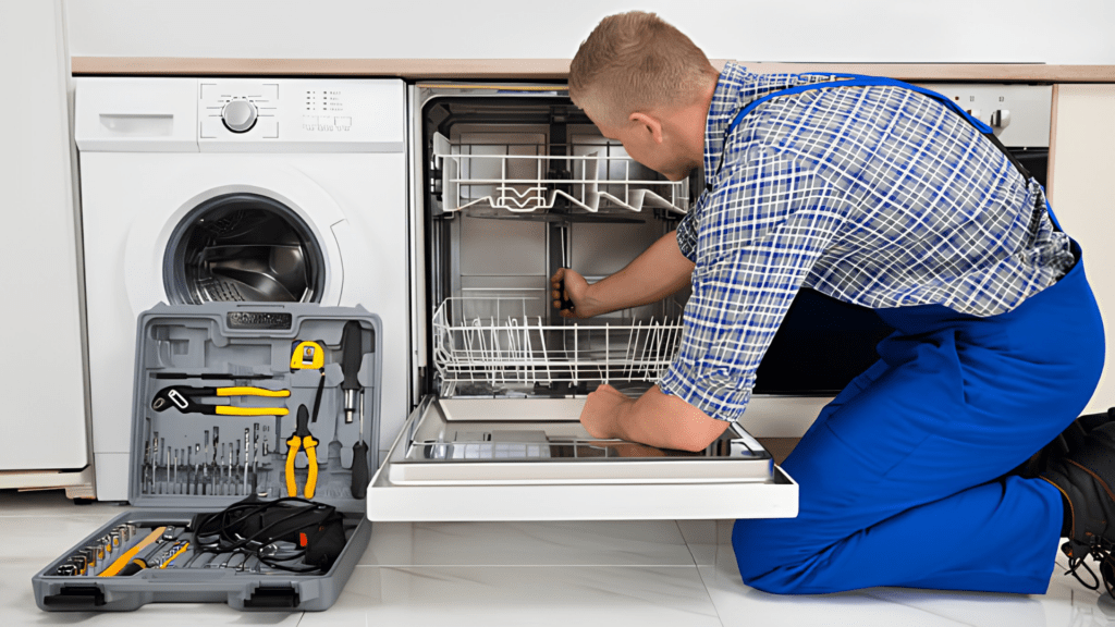 Technician installing dishwasher parts for appliance repair in Burke VA