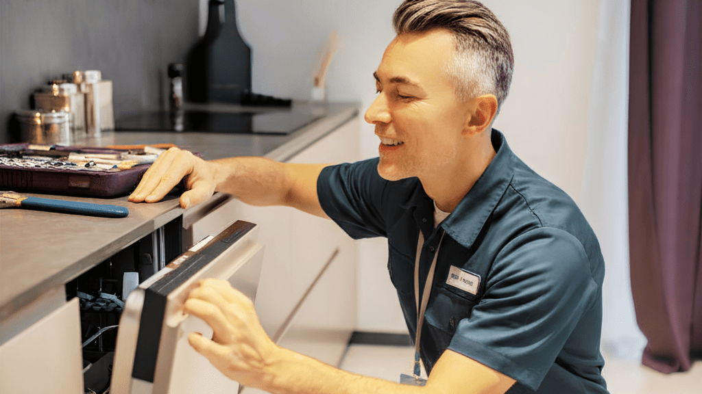 Technician inspecting a dishwasher for appliance repair in West Springfield VA