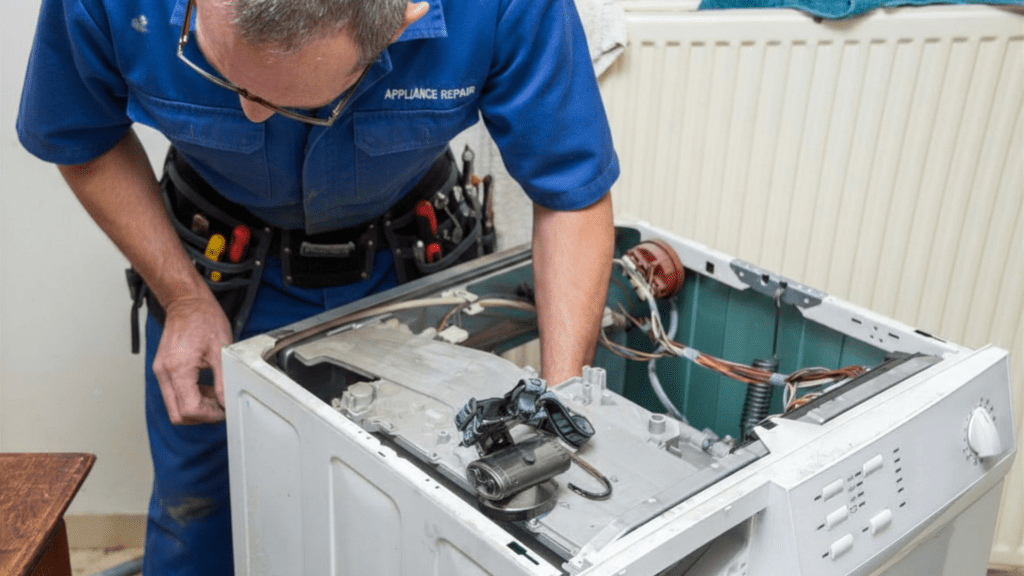 Technician repairing a washing machine for appliance repair in West Falls Church VA