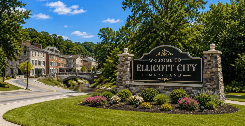 Welcome to Ellicott City, Maryland monument sign with Historic Ellicott City Main Street, stone bridge, and scenic downtown, representing appliance repair in Ellicott City MD