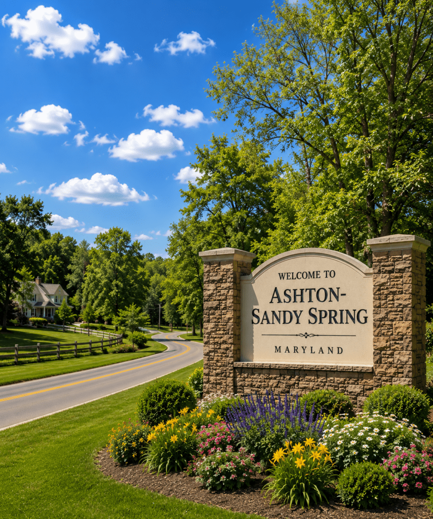 Welcome to Ashton-Sandy Spring, Maryland monument sign representing appliance repair in Ashton-Sandy Spring MD