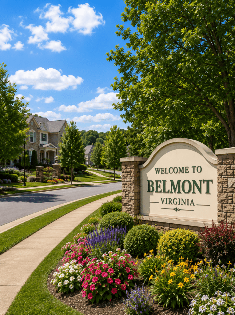 Welcome to Belmont, Virginia monument sign with upscale homes and landscaped streets showcasing appliance repair in Belmont VA