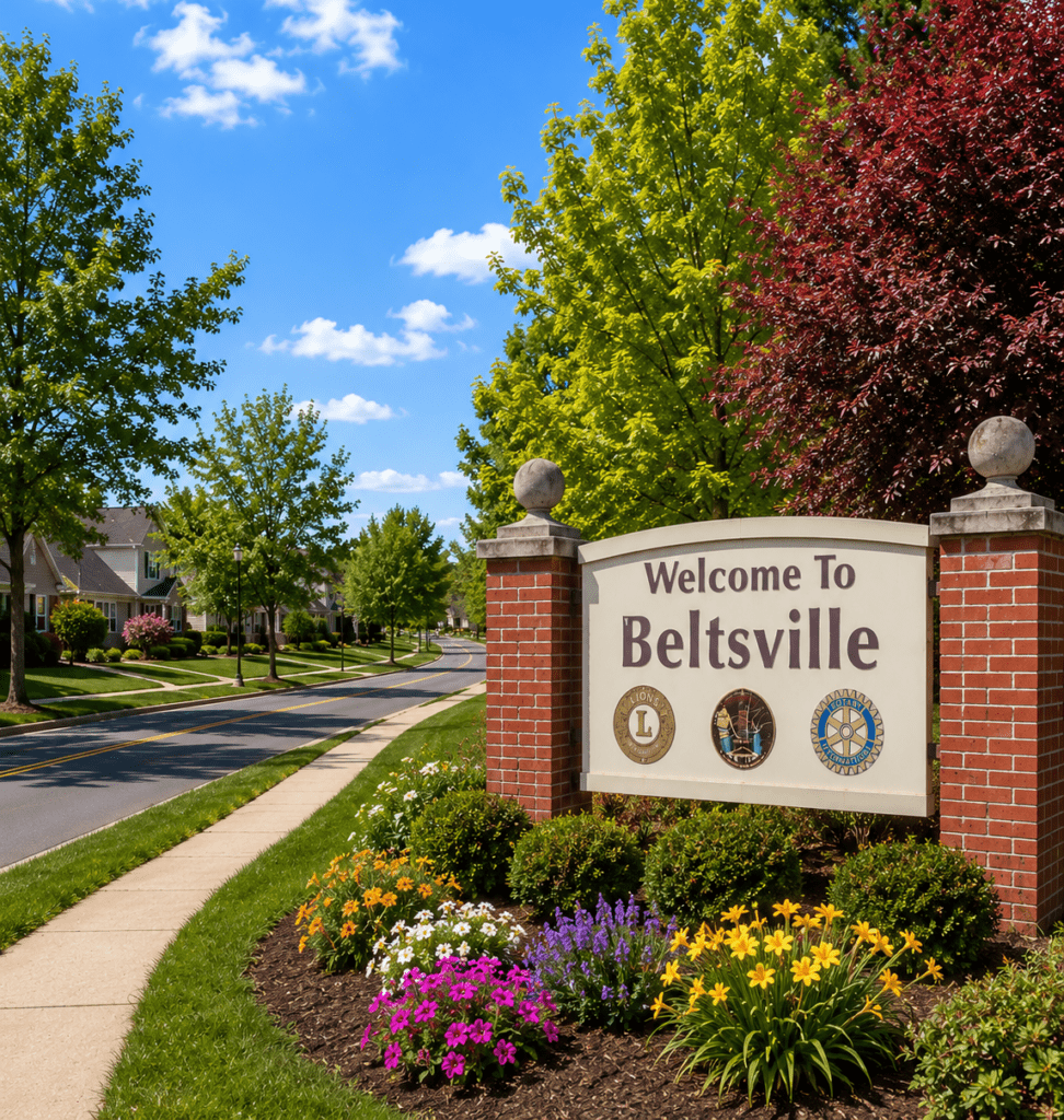 Scenic Welcome to Beltsville, Maryland sign highlighting appliance repair in Beltsville MD with tree-lined neighborhoods and landscaped streets
