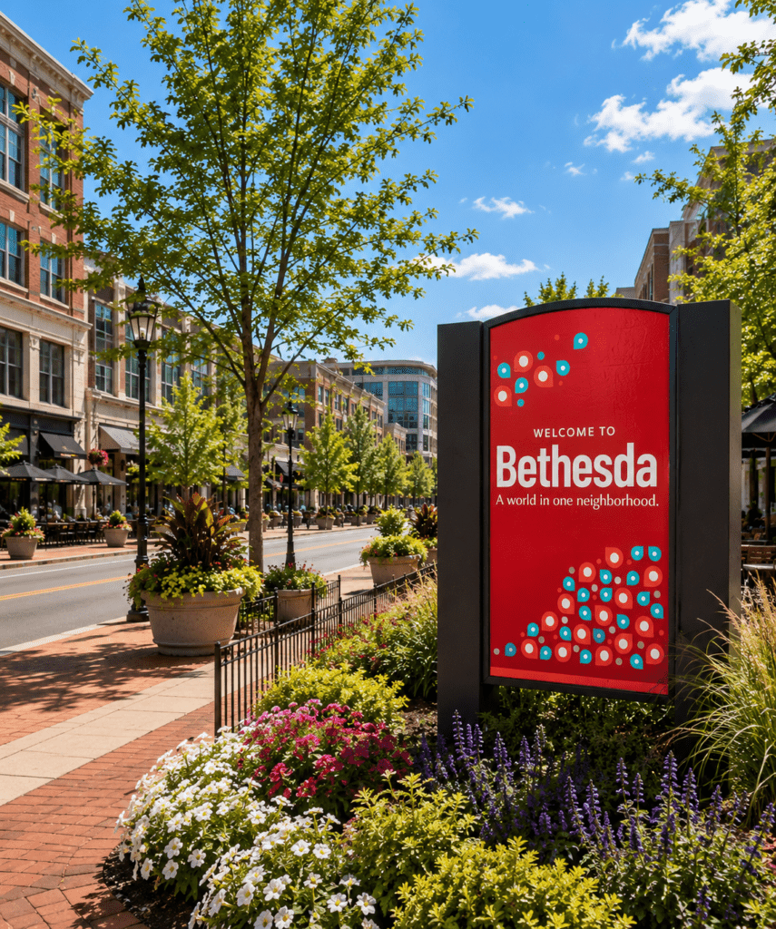 Iconic Bethesda Row arch and landscaped downtown streetscape highlighting appliance repair in Bethesda MD