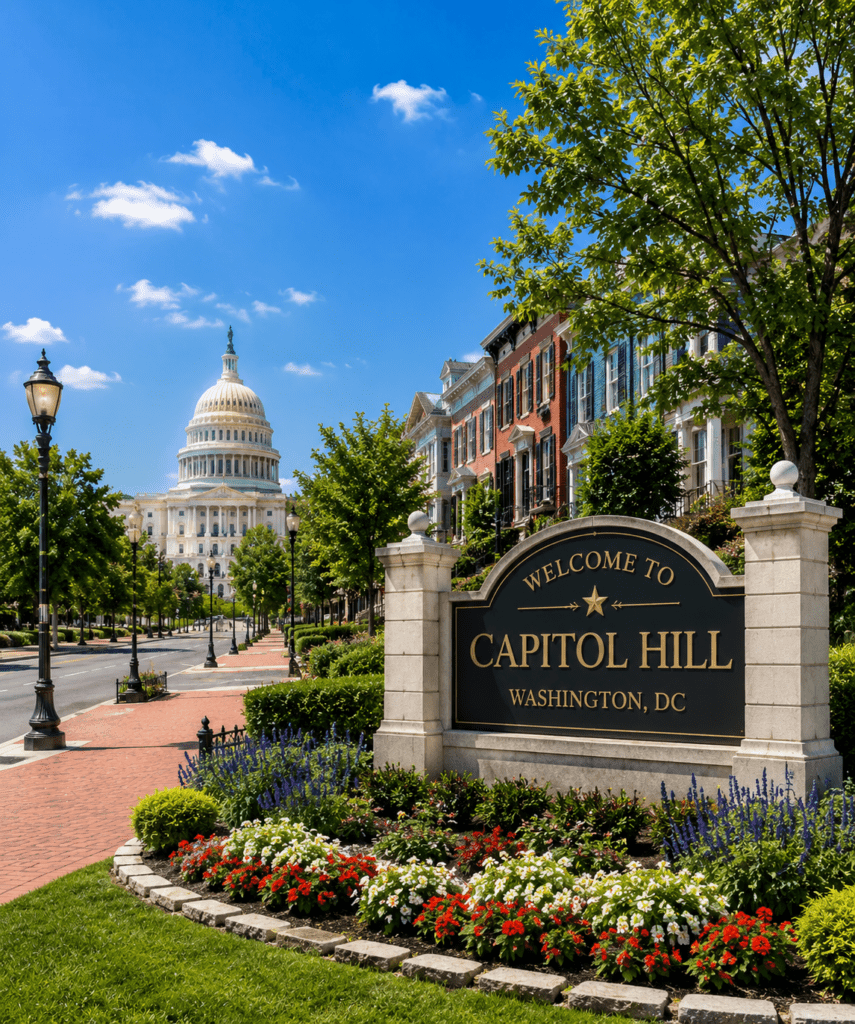 Capitol Hill welcome sign with the U.S. Capitol showcasing appliance repair in Capitol Hill DC
