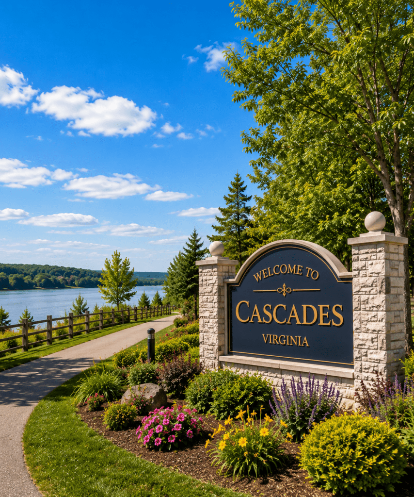 Cascades welcome sign overlooking Algonkian Regional Park showcasing appliance repair in Cascades VA