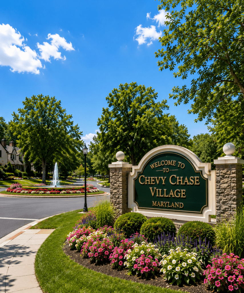 Chevy Chase Village welcome sign overlooking Chevy Chase Circle showcasing appliance repair in Chevy Chase Village MD