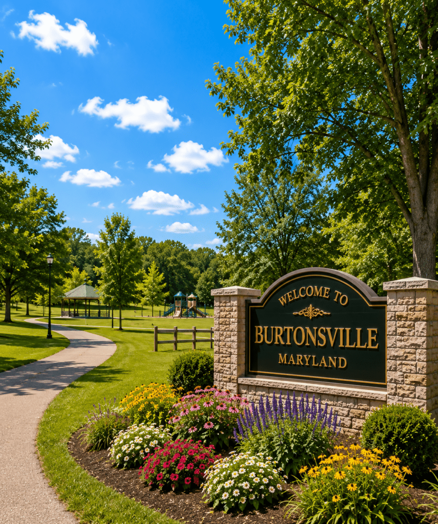 Mobile hero image of the Welcome to Burtonsville Maryland monument sign for appliance repair in Burtonsville MD