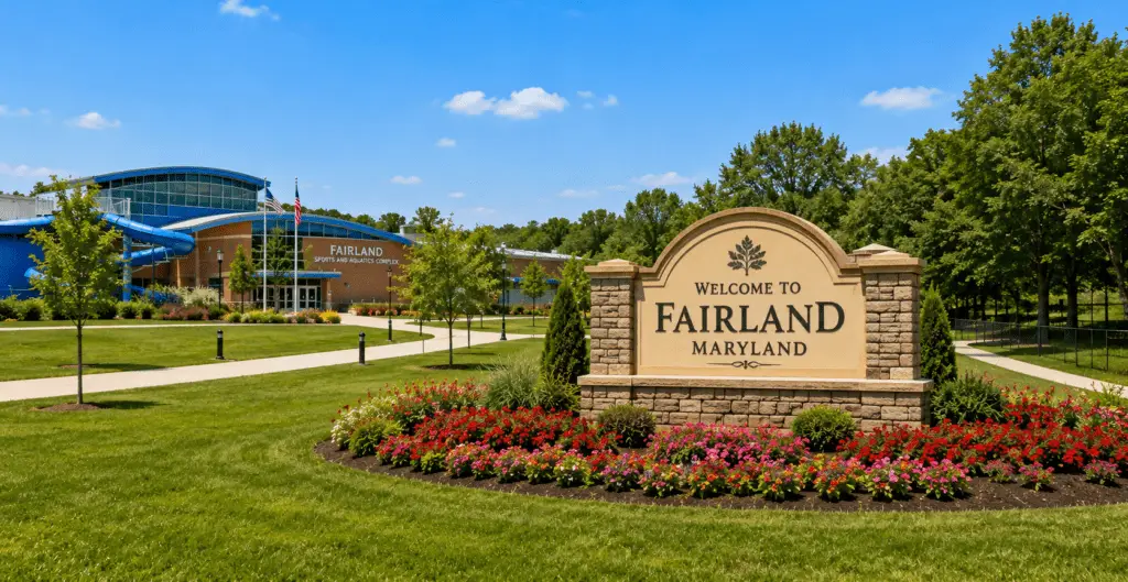 Welcome to Fairland, Maryland monument sign near the Fairland Sports and Aquatics Complex for appliance repair in Fairland MD