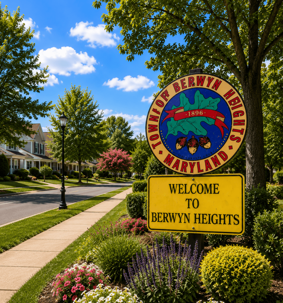 Scenic Welcome to Berwyn Heights, Maryland monument sign highlighting appliance repair in Berwyn Heights MD with tree-lined neighborhoods and landscaped streets.