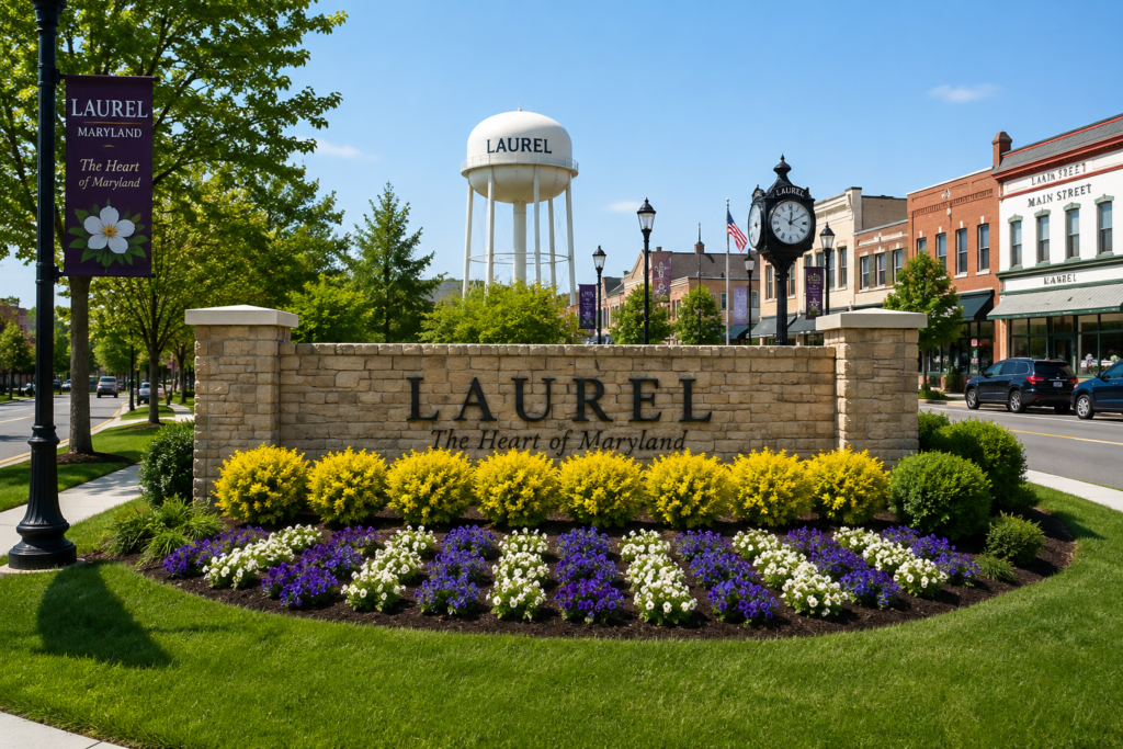 Welcome sign with flowers and clock
