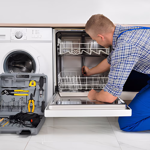 Technician installing dishwasher parts for appliance repair in Burke VA