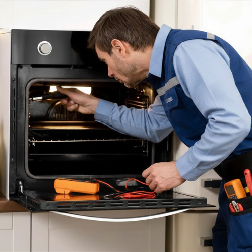 Technician inspecting a wall oven for appliance repair in Walkersville MD