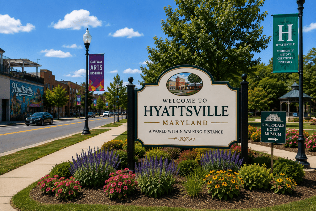 Welcome to Hyattsville Maryland sign near the Gateway Arts District and Riversdale House Museum