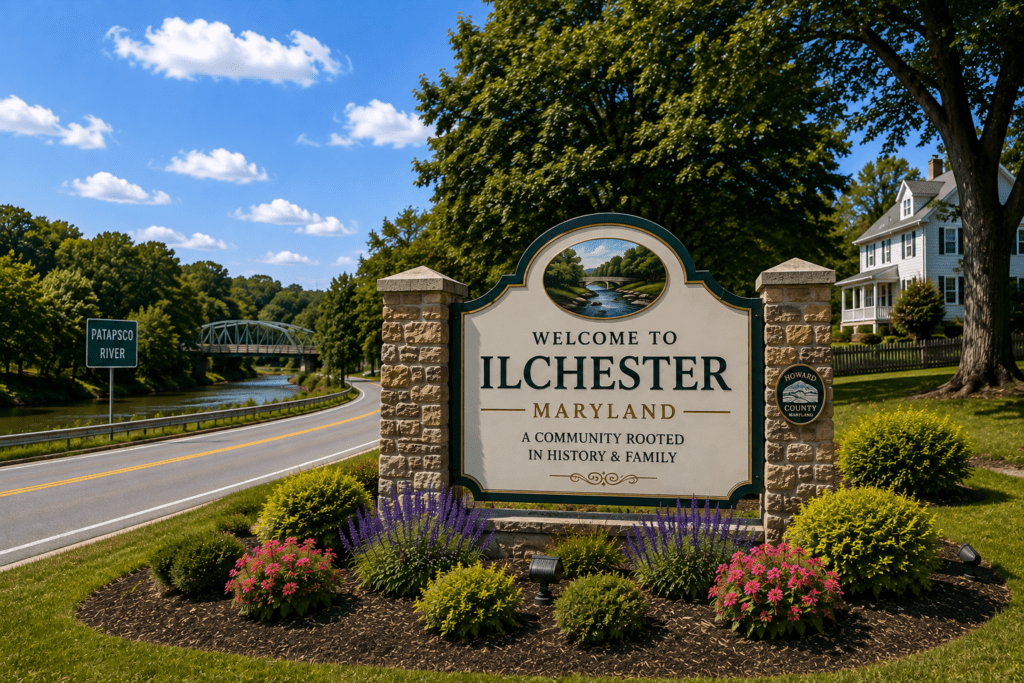 Welcome to Ilchester Maryland sign near the Patapsco River and scenic community surroundings