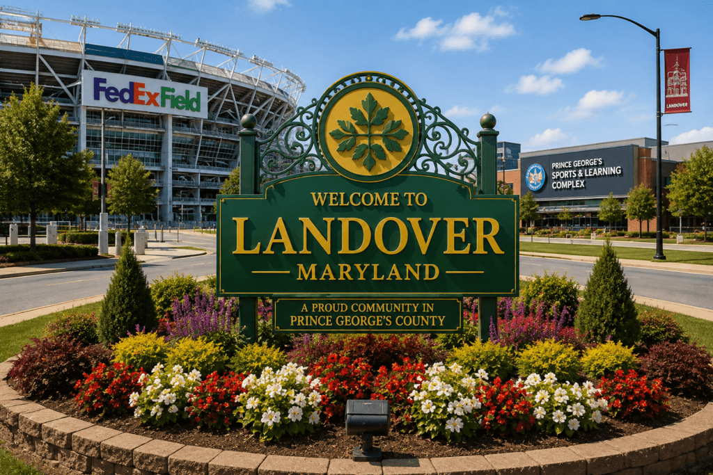 Welcome to Landover Maryland sign with FedExField and Prince George’s Sports & Learning Complex
